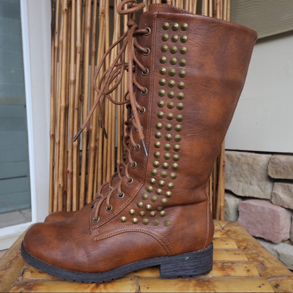 Combat boots, brown, mid calf, stud detailing